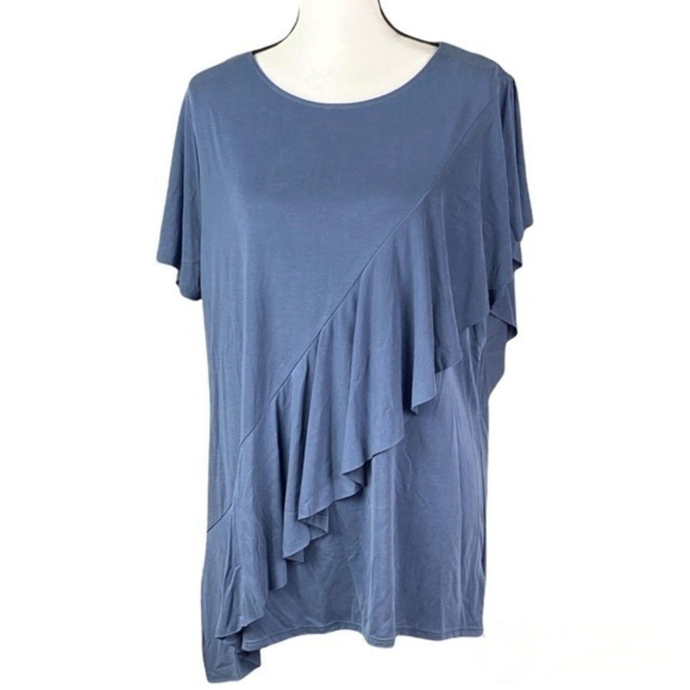 Time and Tru Womens Top Size XL Blue Diagonal Ruffle Front Short Sleeve Top